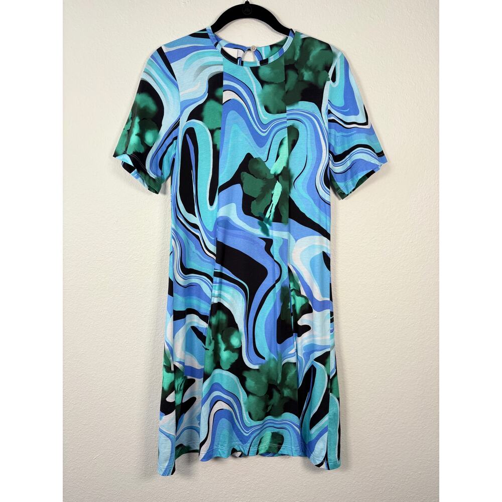 De Loreta Cool Tone Blue Abstract Swirl Printed Short Sleeve Mini Dress
